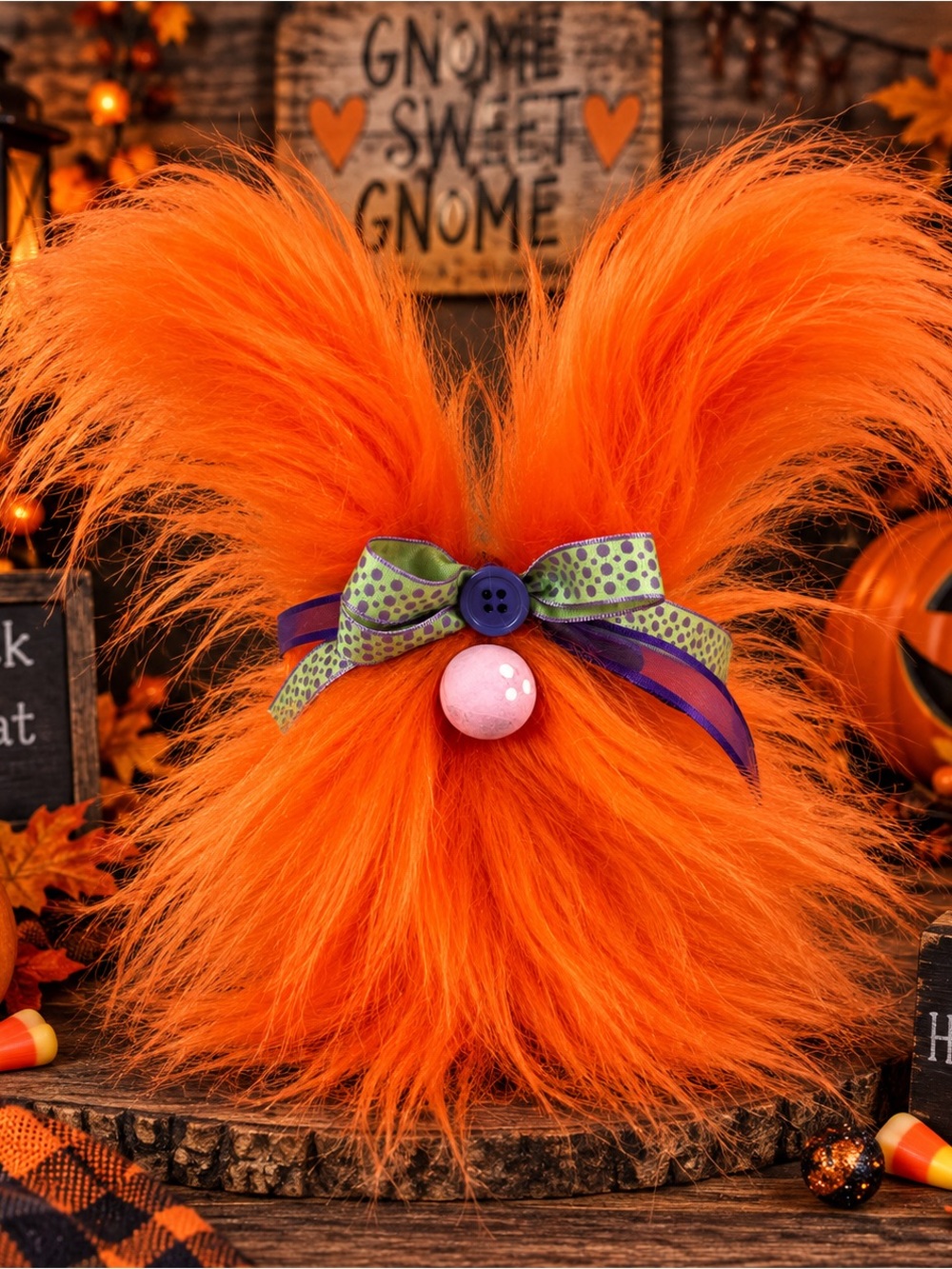 Halloween Frazzled Gnome Orange Bunny, Handmade Faux Fur Decor